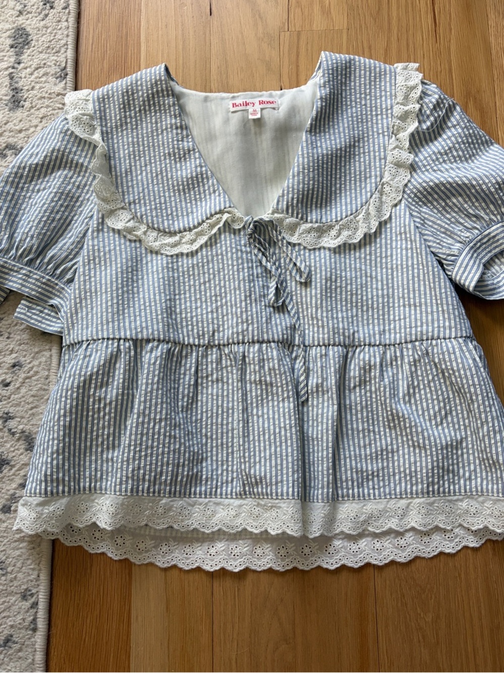 Light Blue Striped Eyelet-Trim V-Neck Blouse